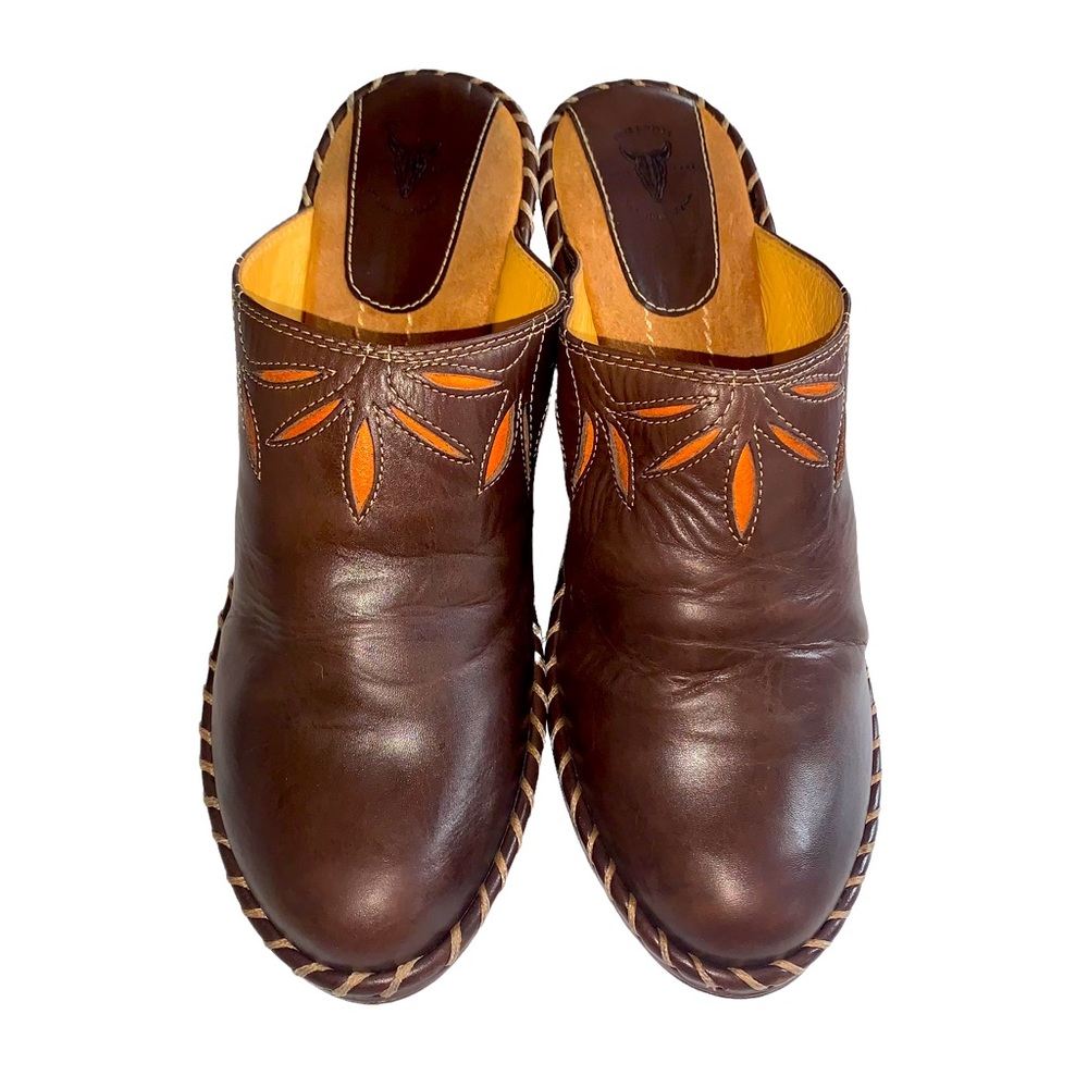 FRYE BOOTS USA Made Cutout Brown Leather Mule/Clogs Approx 2.5” Heel Womens 8.5M